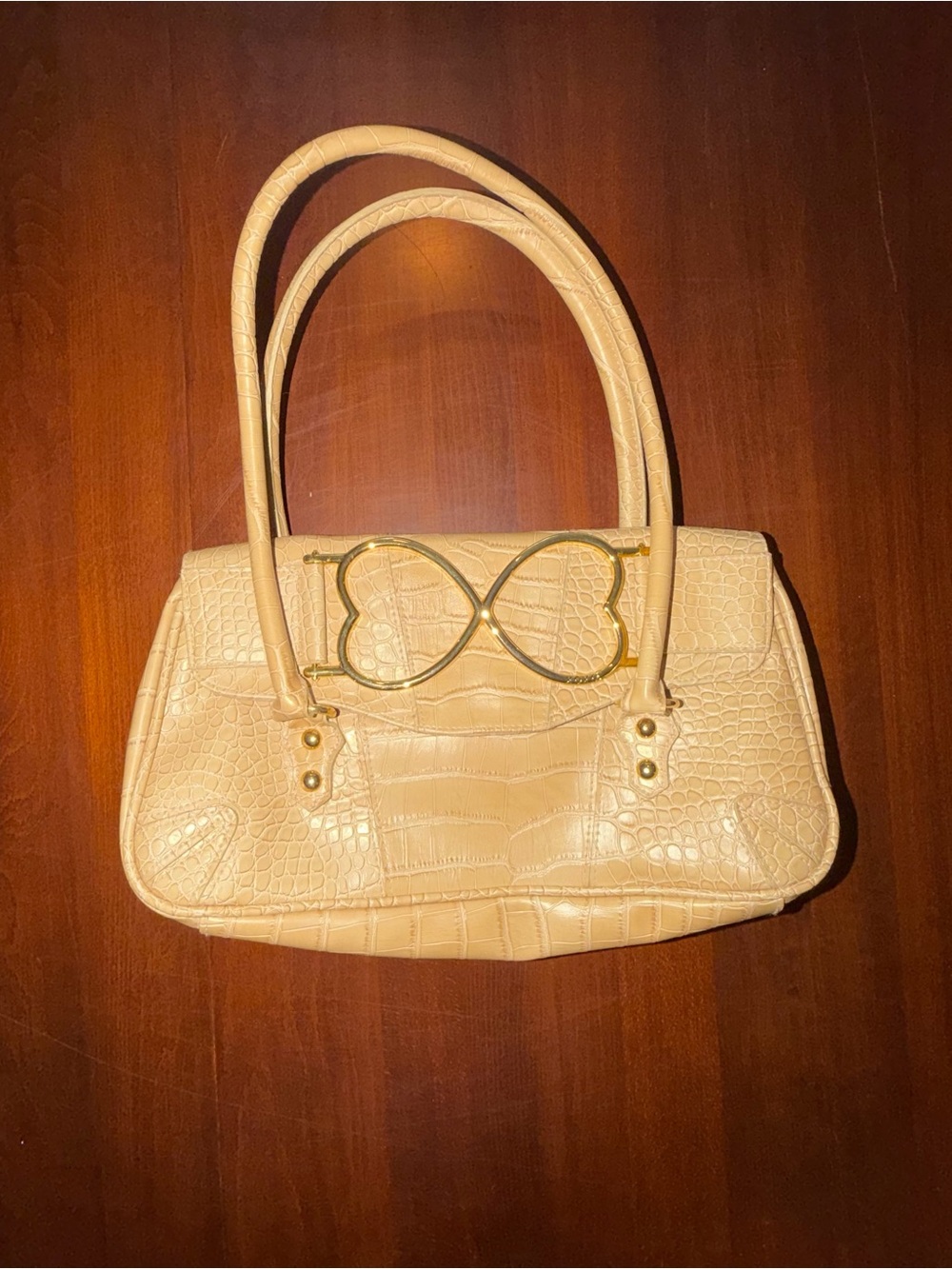 XOXO Y2K Cream Faux Croc Handbag Gold Bow McBling Purse